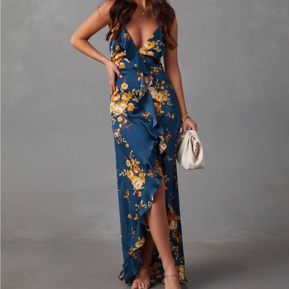 Satin floral ruffle cascading maxi. Navy with floral print. Size Small.
